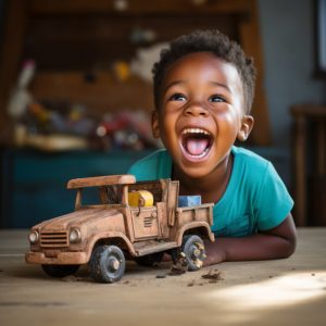 young boy laughing with toy truck ai generated